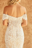 Robe de mariée longue en dentelle sirène blanche à épaules dénudées