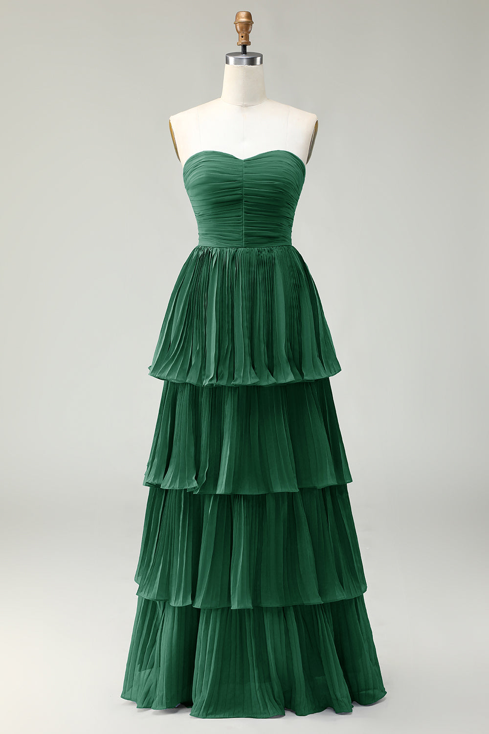 Robe de demoiselle d’honneur longue sans bretelles plissée à plusieurs niveaux rose poudré rose poudré
