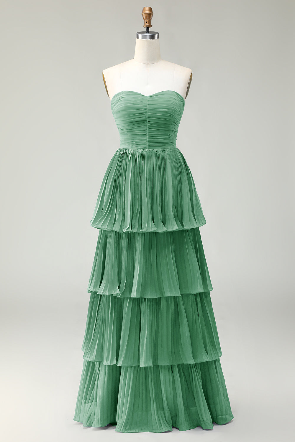 Robe de demoiselle d’honneur longue sans bretelles plissée à plusieurs niveaux rose poudré rose poudré
