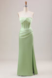 Robe de demoiselle d'honneur longue bustier verte avec fente