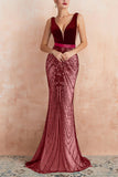 Robe de soirée longue sirène noire scintillante à col en V profond avec dos ouvert