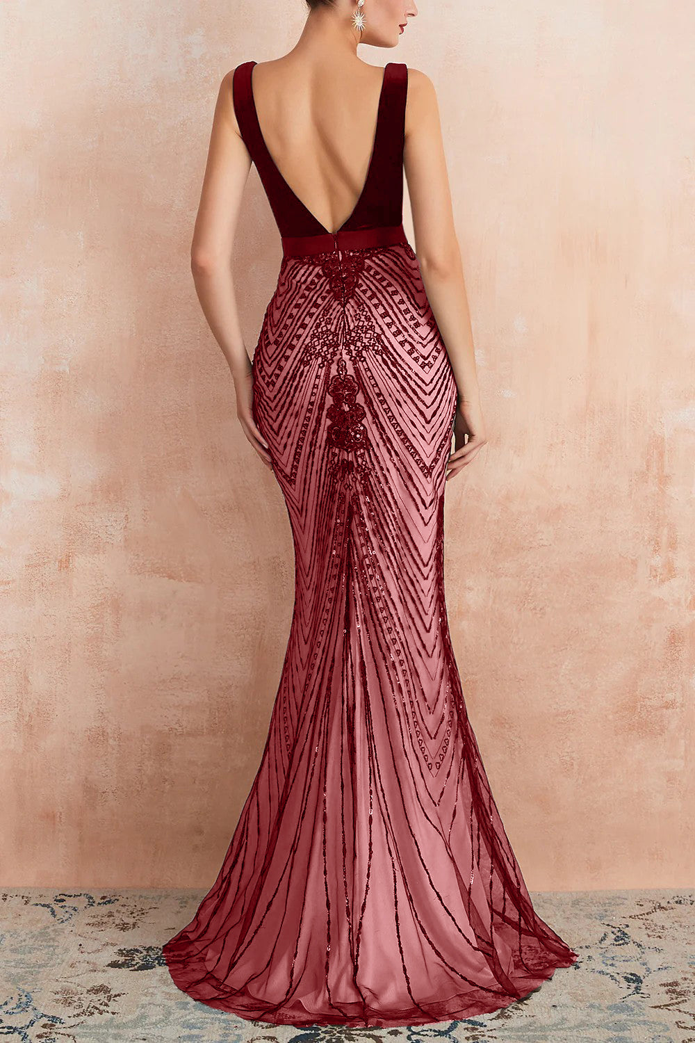 Robe de soirée longue sirène noire scintillante à col en V profond avec dos ouvert