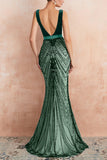 Robe de soirée longue sirène noire scintillante à col en V profond avec dos ouvert