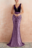 Robe de soirée longue sirène noire scintillante à col en V profond avec dos ouvert