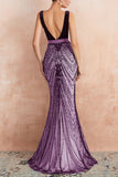 Robe de soirée longue sirène noire scintillante à col en V profond avec dos ouvert