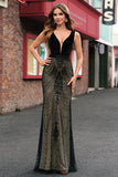 Robe de soirée longue sirène noire scintillante à col en V profond avec dos ouvert