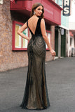 Robe de soirée longue sirène noire scintillante à col en V profond avec dos ouvert