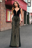 Robe de soirée longue sirène noire scintillante à col en V profond avec dos ouvert