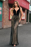 Robe de soirée longue sirène noire scintillante à col en V profond avec dos ouvert