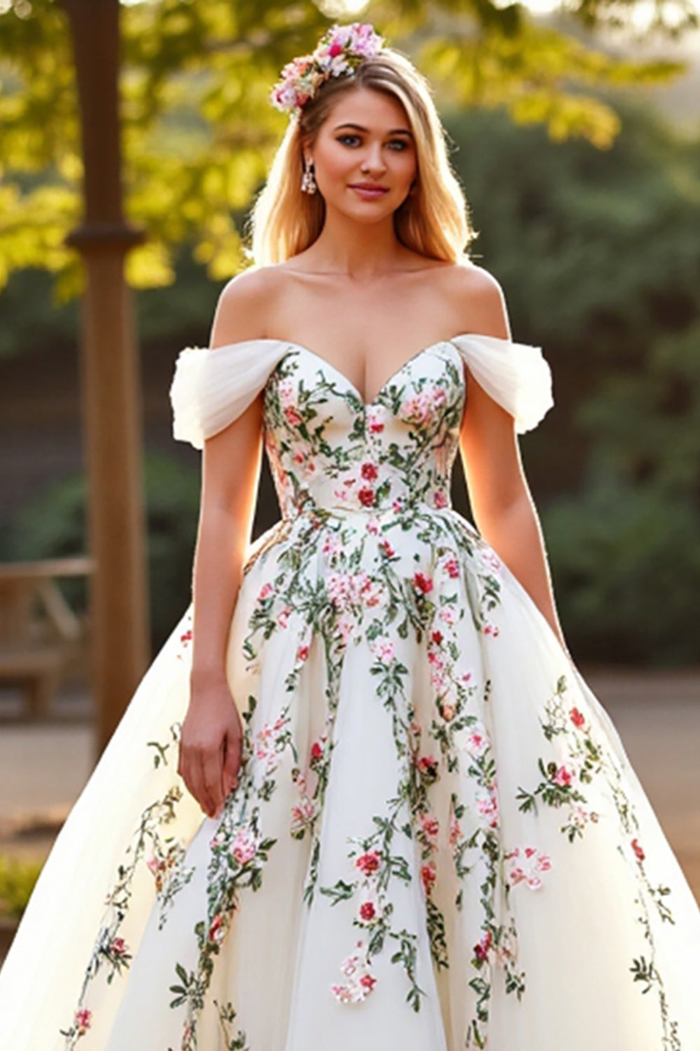 Robe de mariée florale en tulle blanc à épaules dénudées