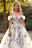 Robe de mariée florale en tulle blanc à épaules dénudées