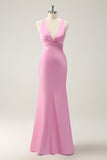 Sirène rose col en V Satin Robe de demoiselle d’honneur longue