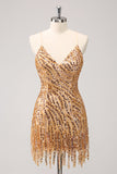 Robe de bal à col en V à paillettes dorées scintillantes avec franges