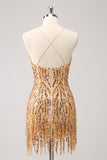 Robe de bal à col en V à paillettes dorées scintillantes avec franges