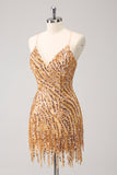Robe de bal à col en V à paillettes dorées scintillantes avec franges