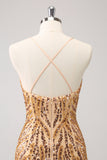 Robe de bal à col en V à paillettes dorées scintillantes avec franges