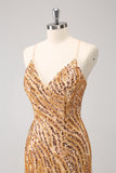 Robe de bal à col en V à paillettes dorées scintillantes avec franges