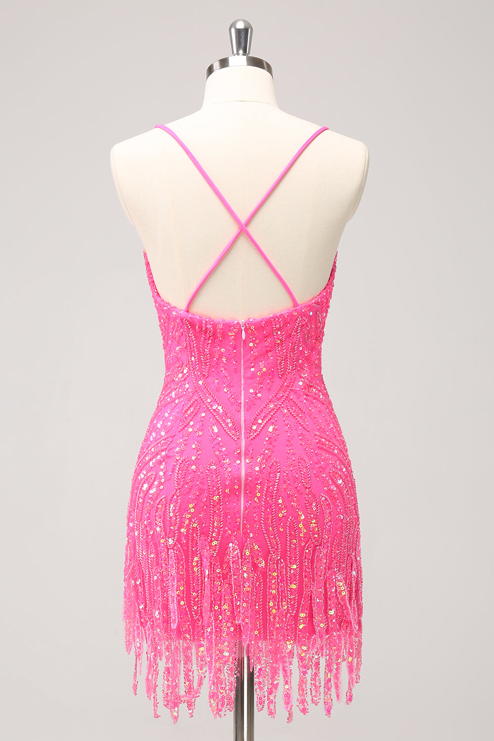 Robe de bal à col en V à paillettes dorées scintillantes avec franges