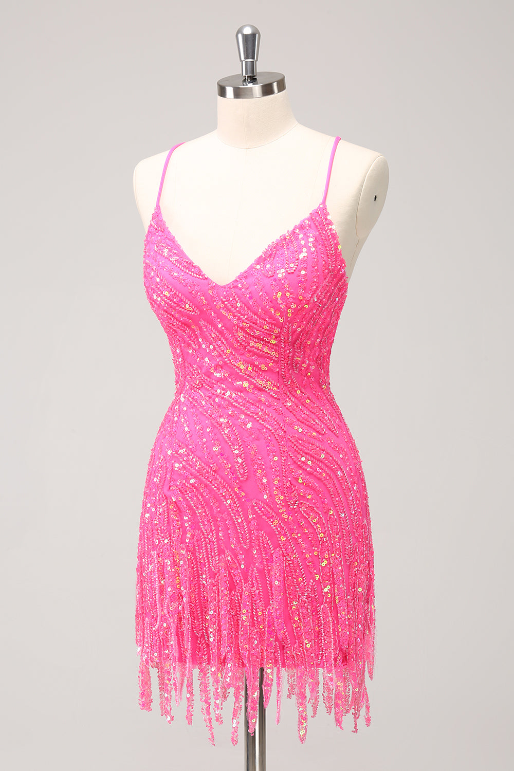 Robe de cocktail rose vif scintillante à paillettes et col en V avec franges