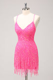 Robe de bal à col en V à paillettes dorées scintillantes avec franges