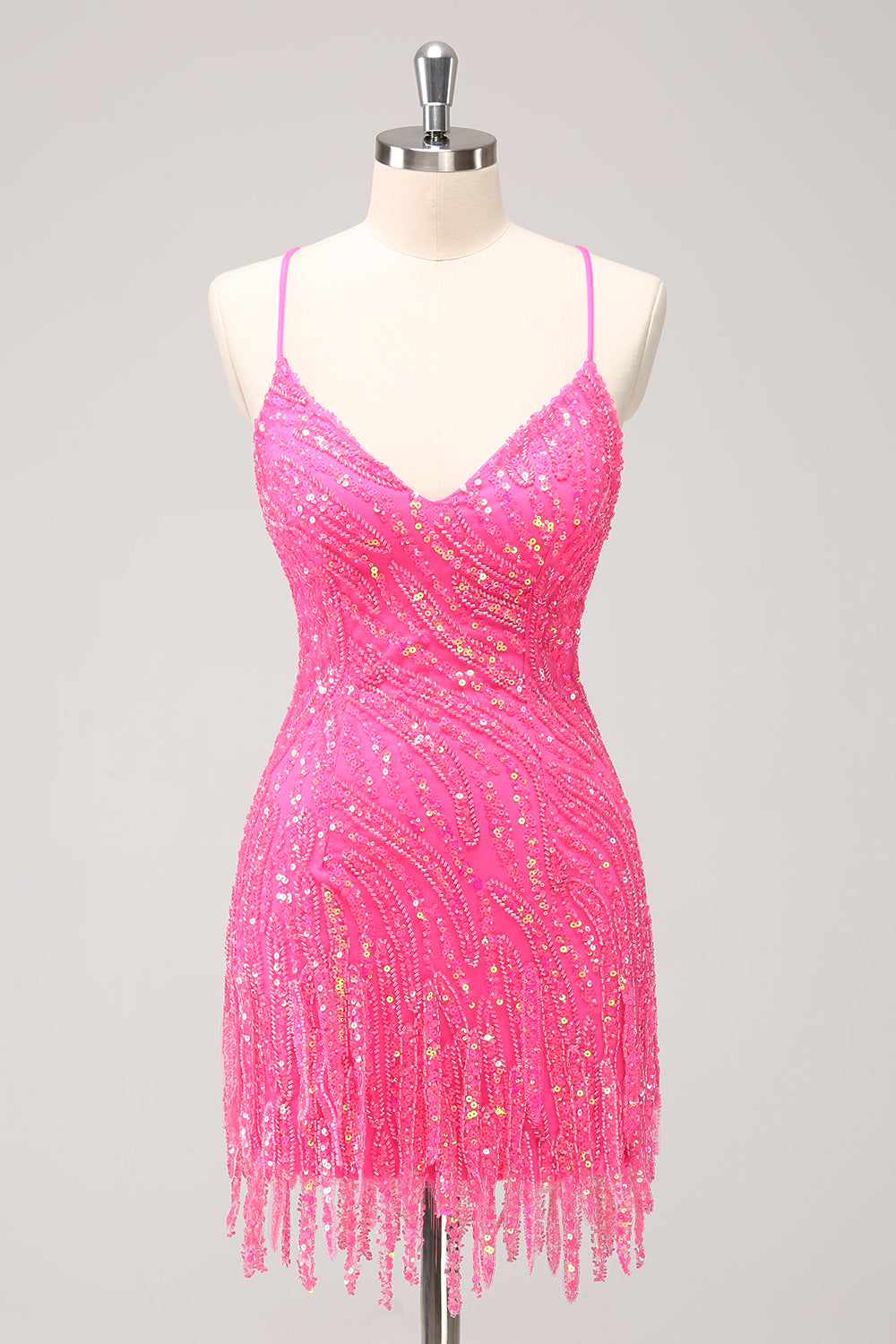 Robe de cocktail rose vif scintillante à paillettes et col en V avec franges