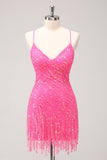 Robe de bal à col en V à paillettes dorées scintillantes avec franges