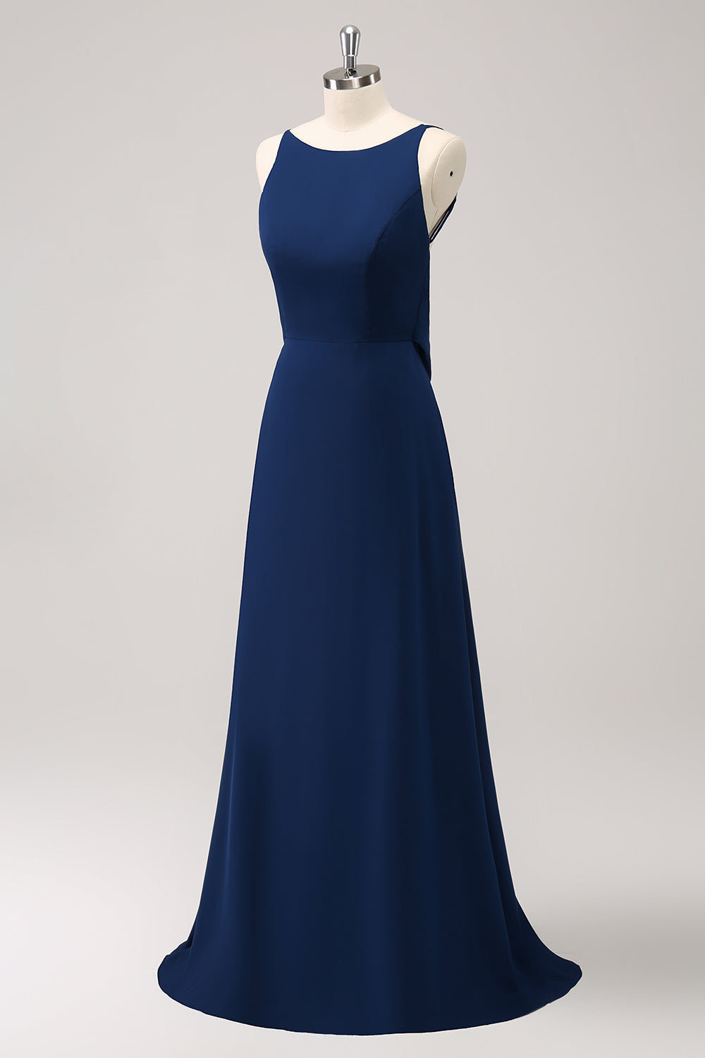 Robe de demoiselle d’honneur longue trapèze col bleu marine