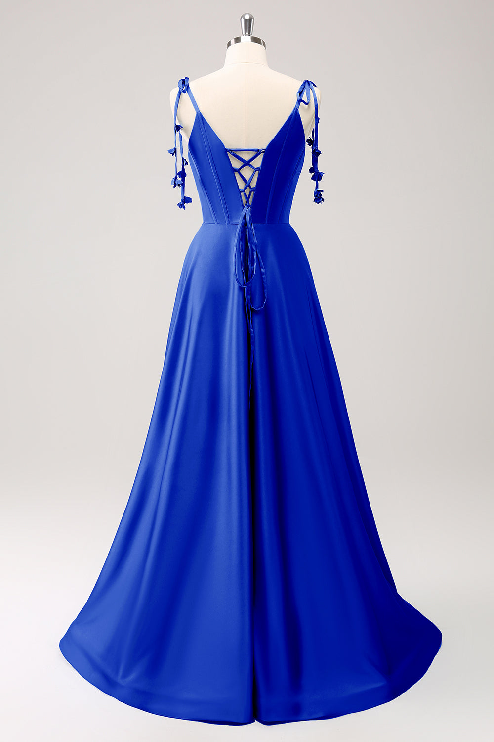 Robe de soirée trapèze Bleu poussiéreux en satin à bretelles spaghetti et fente