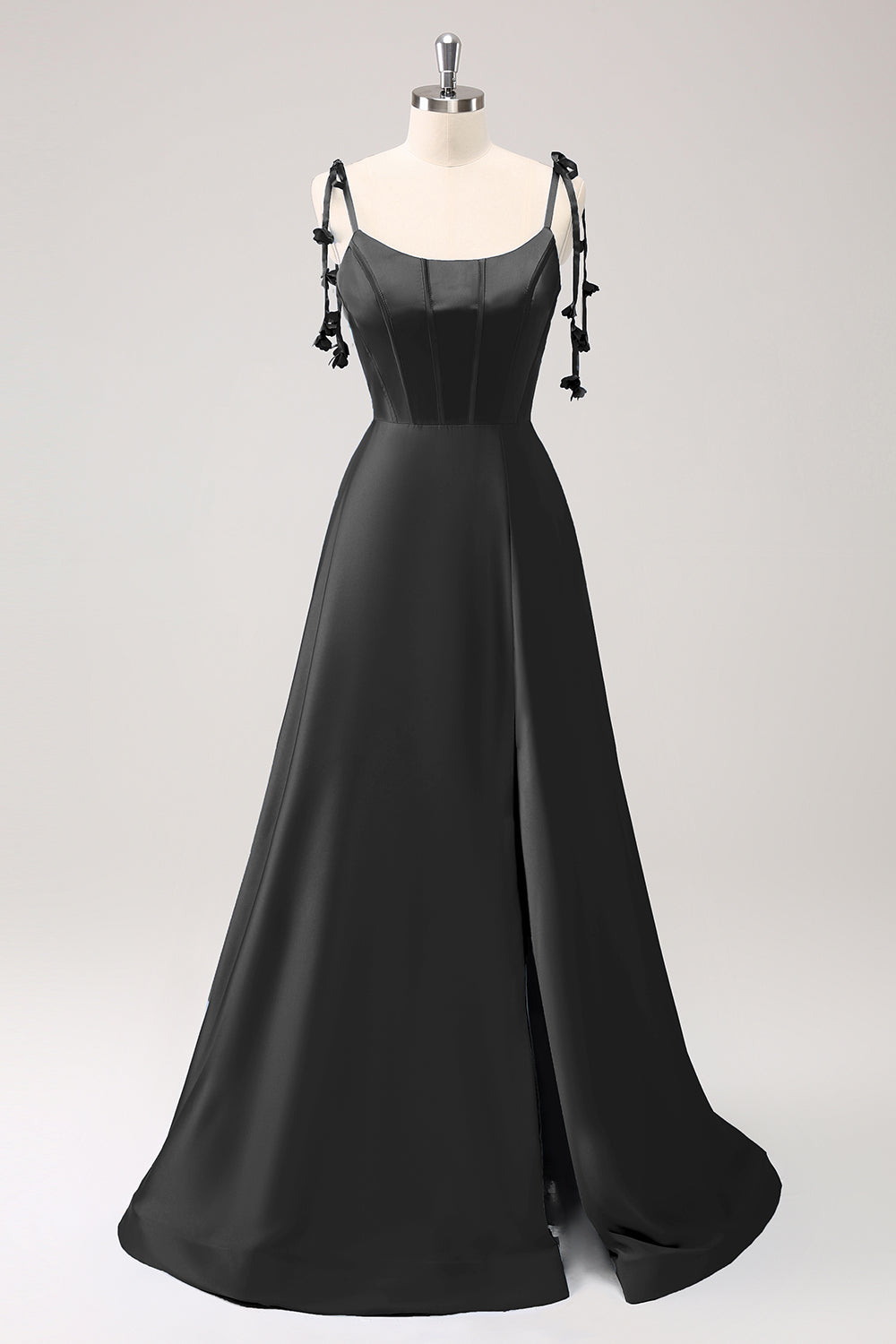 Robe de soirée trapèze bleue en satin à bretelles spaghetti et fente
