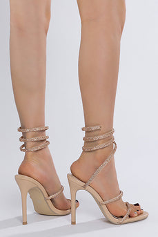 Sandales à talons aiguilles perlées dorées scintillantes