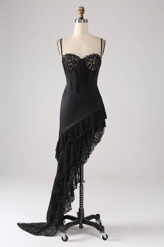 Robe de bal asymétrique noire à bretelles spaghetti avec volants