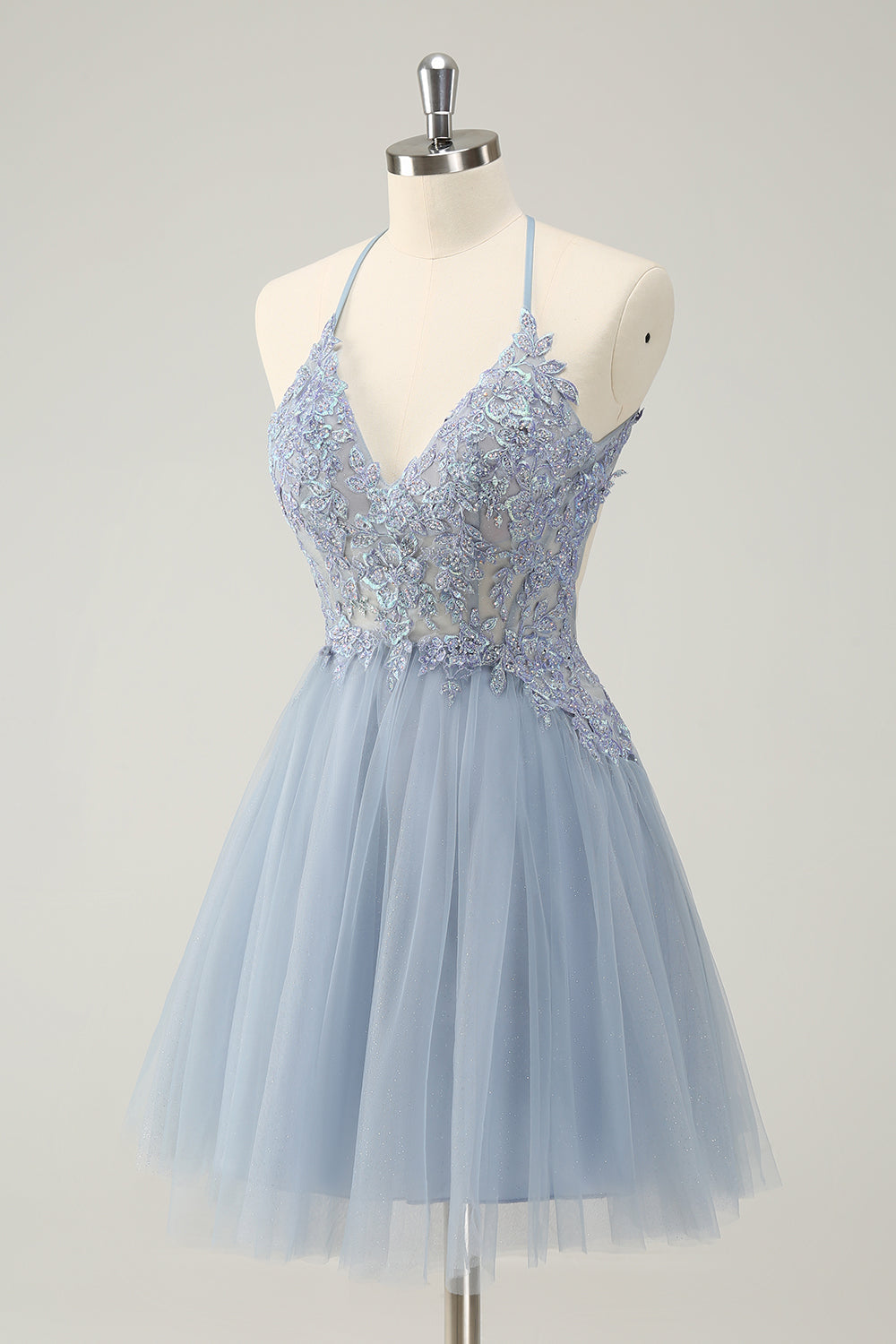 Bleu poussiéreux scintillant une ligne dos nu robe de bal avec appliques