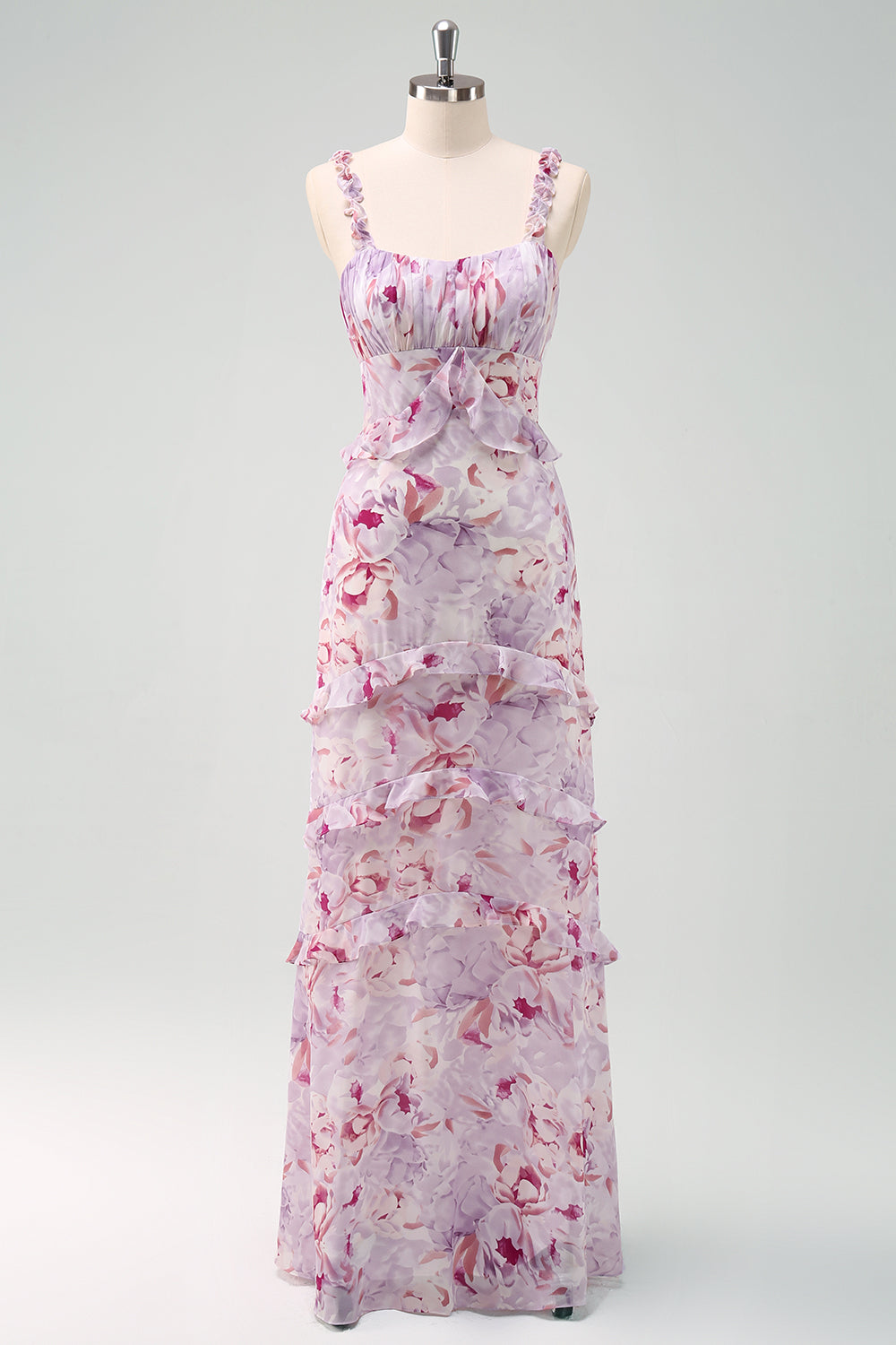 Sirène Gris Violet Spaghetti Bretelles Floral Longue Robe de demoiselle d’honneur