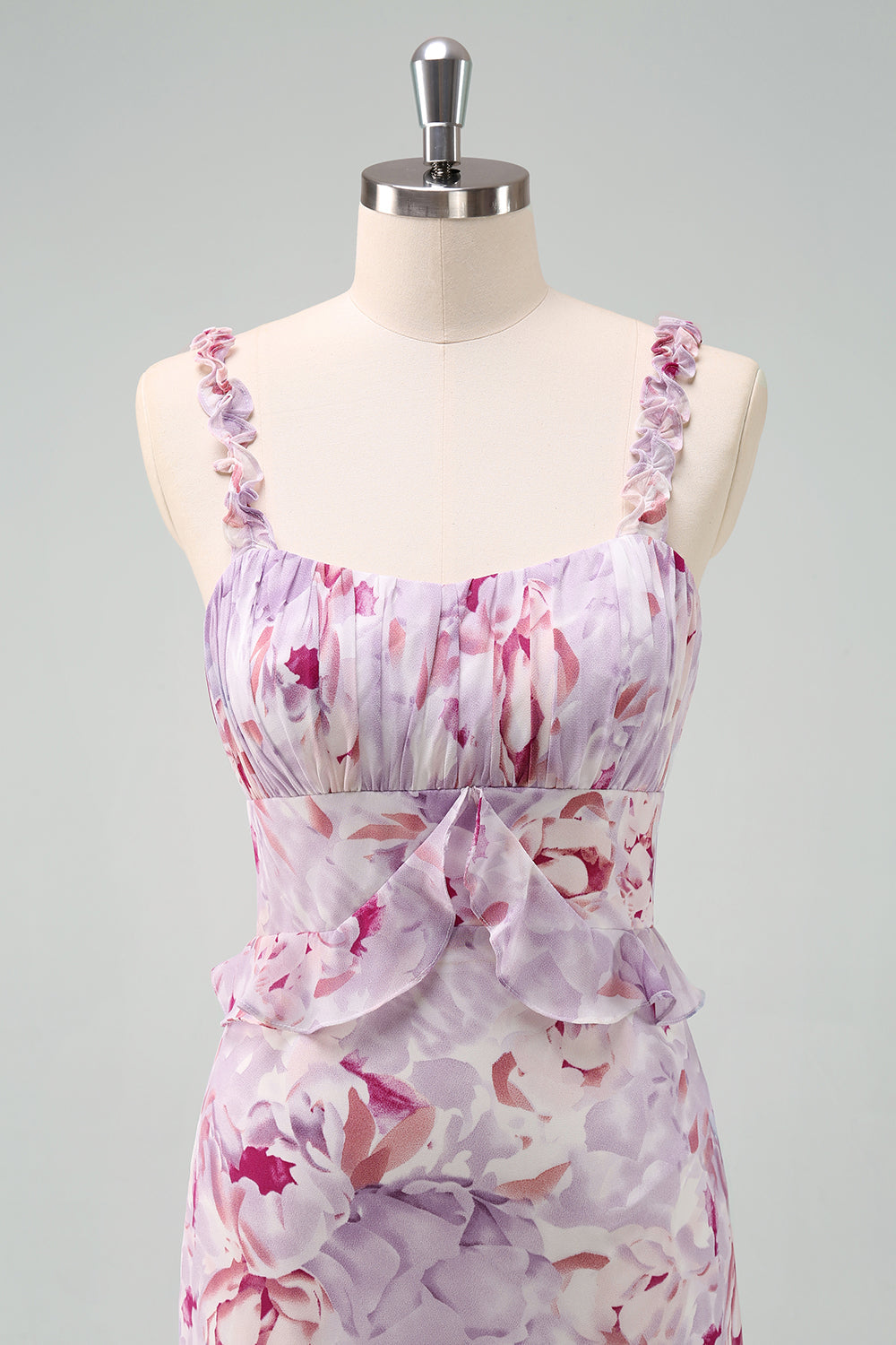 Sirène Gris Violet Spaghetti Bretelles Floral Longue Robe de demoiselle d’honneur