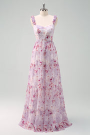 Trapèze gris violet spaghetti bretelles Floral longue robe de demoiselle d’honneur