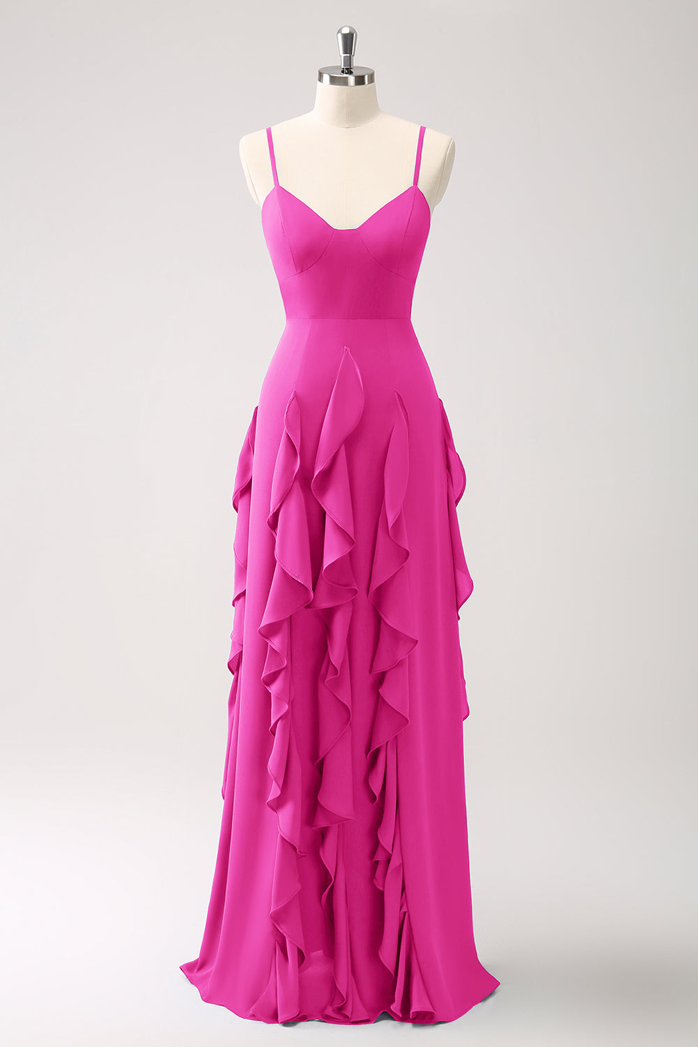 Robe de demoiselle d’honneur à bretelles spaghetti Bleu poussiéreux trapèze avec volants