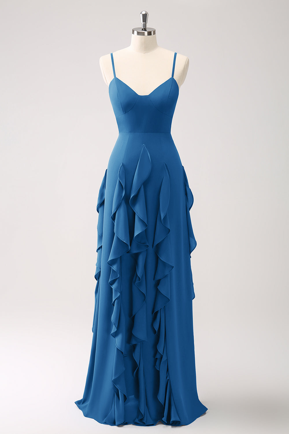 Robe de demoiselle d’honneur à bretelles spaghetti Bleu poussiéreux trapèze avec volants