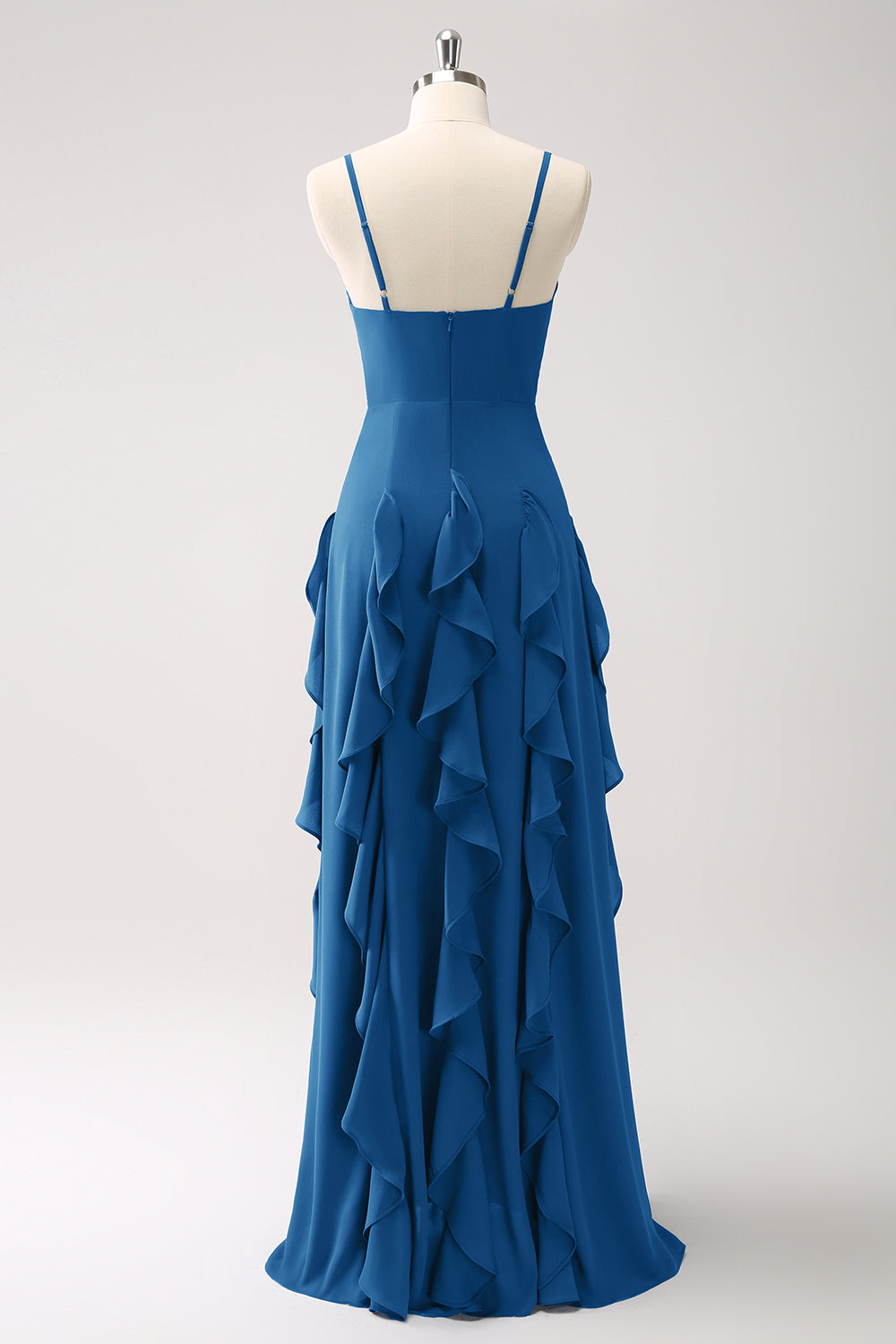 Robe de demoiselle d’honneur à bretelles spaghetti Bleu poussiéreux trapèze avec volants