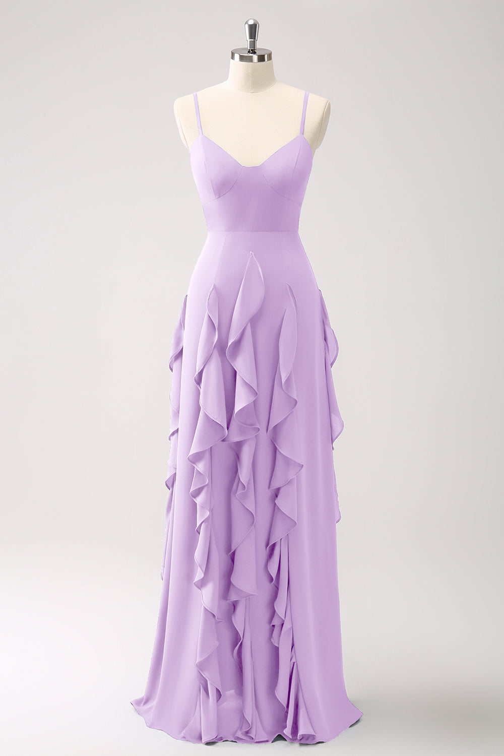 Robe de demoiselle d’honneur à bretelles spaghetti Bleu poussiéreux trapèze avec volants