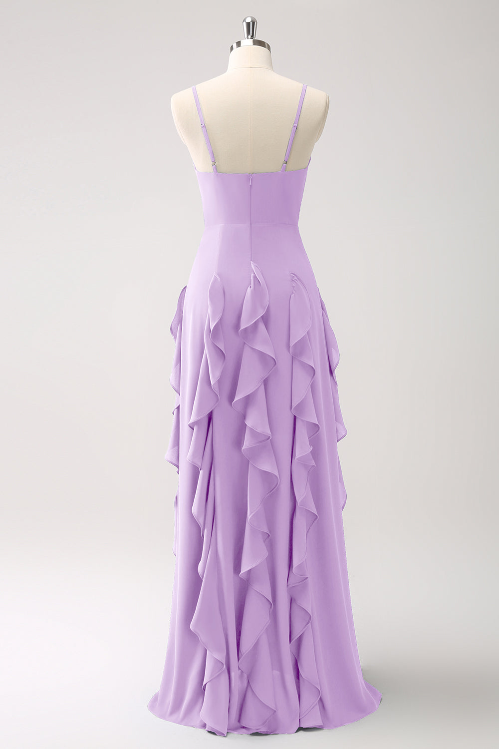 Robe de demoiselle d’honneur à bretelles spaghetti Bleu poussiéreux trapèze avec volants