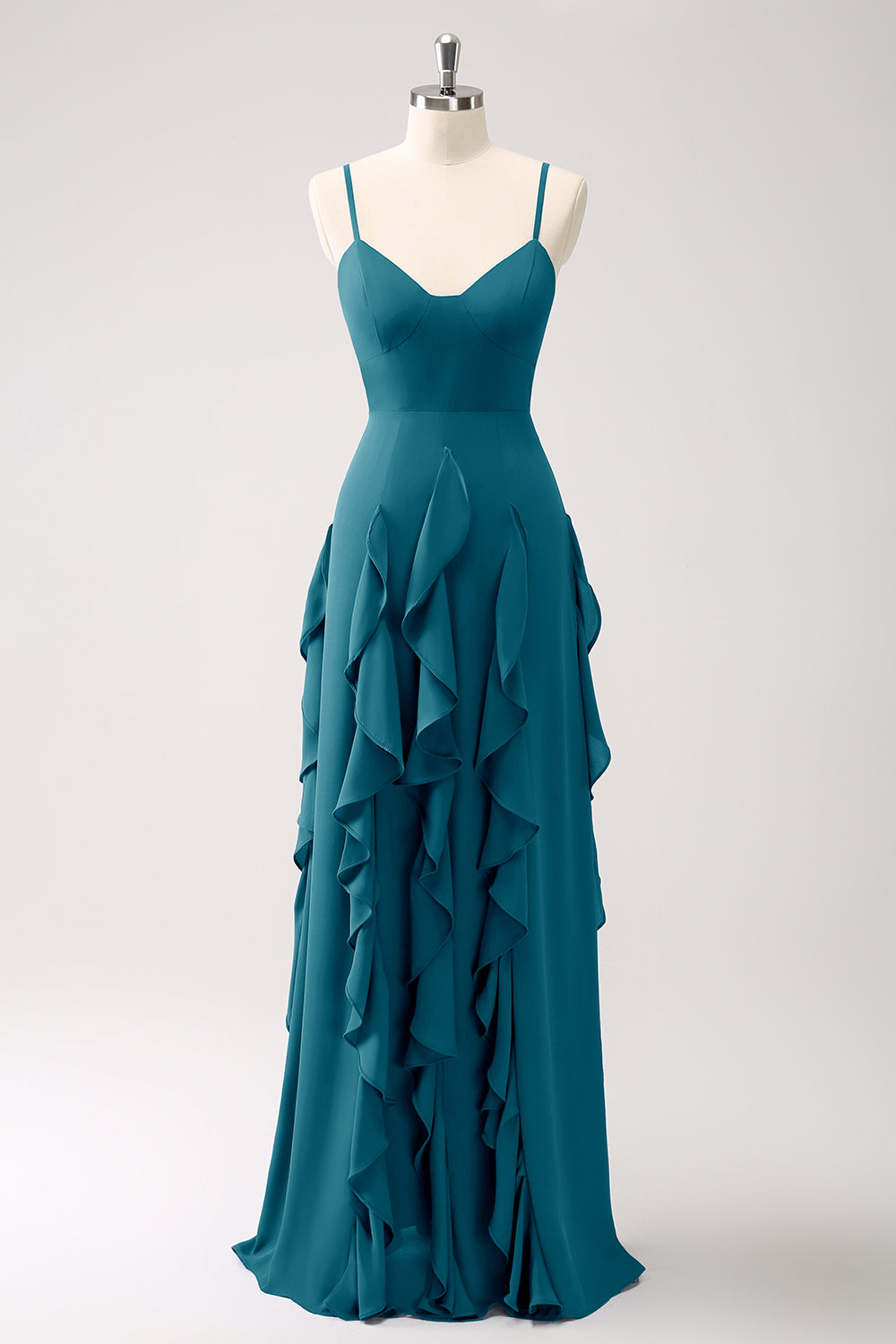 Robe de demoiselle d’honneur à bretelles spaghetti Bleu poussiéreux trapèze avec volants