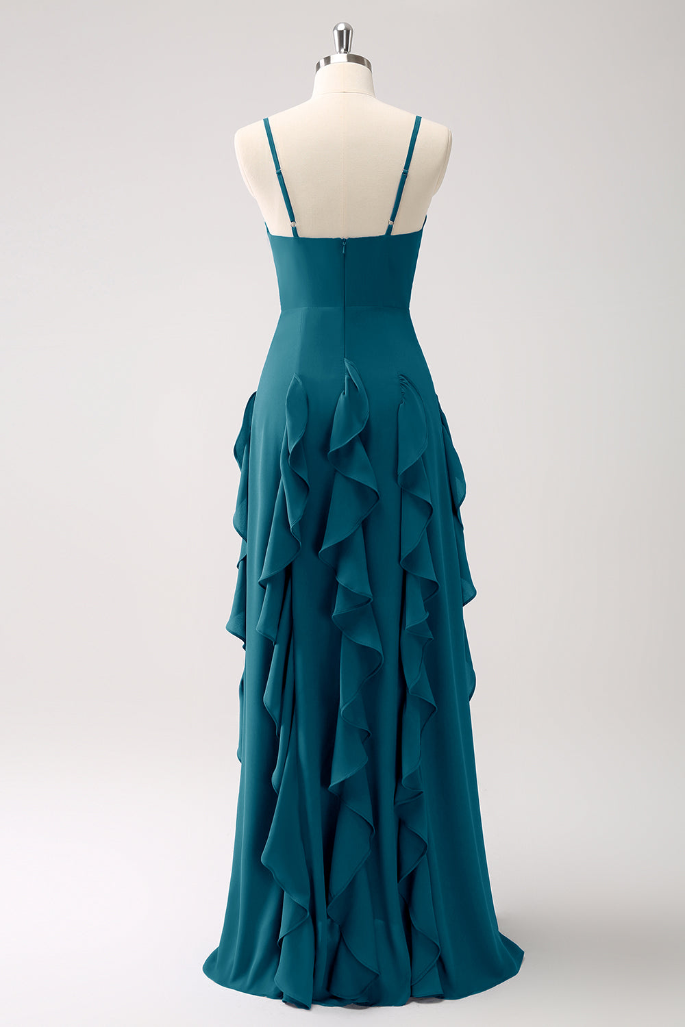 Robe de demoiselle d’honneur à bretelles spaghetti Bleu poussiéreux trapèze avec volants