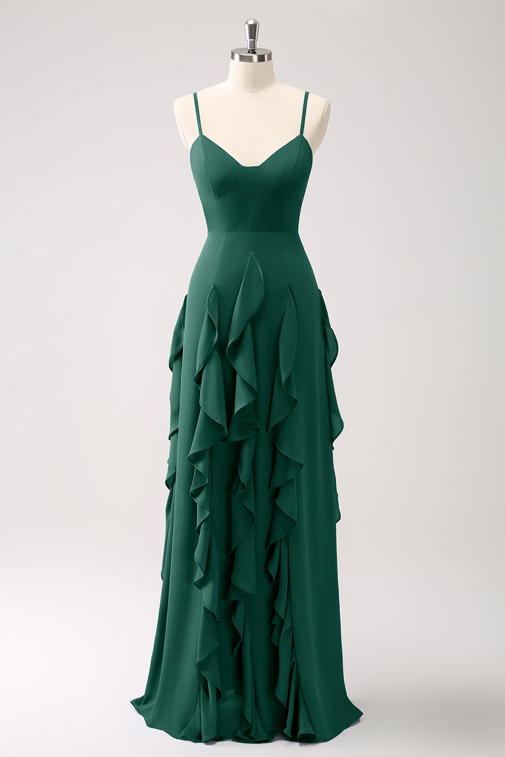 Robe de demoiselle d’honneur à bretelles spaghetti Bleu poussiéreux trapèze avec volants