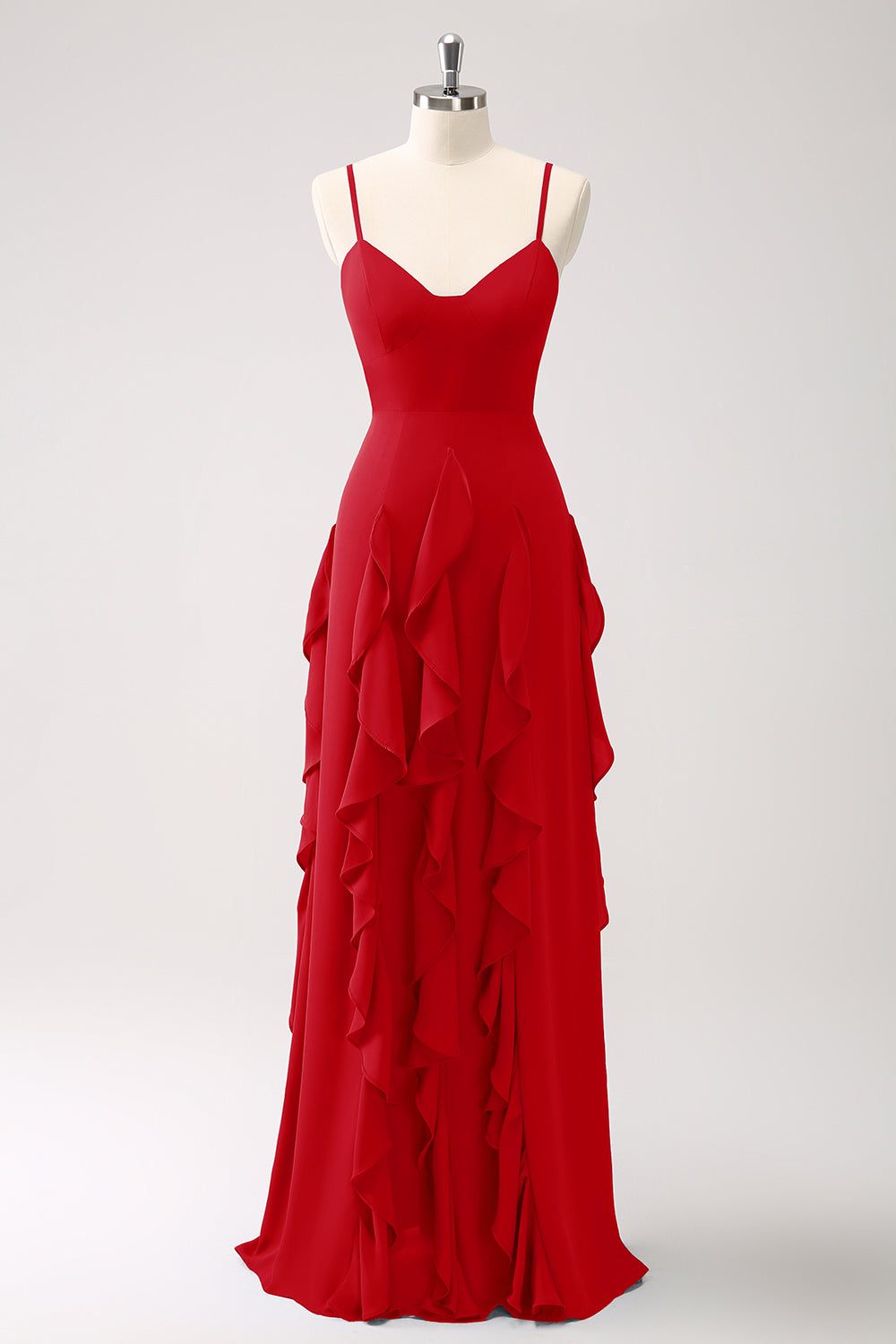 Robe de demoiselle d’honneur à bretelles spaghetti Bleu poussiéreux trapèze avec volants