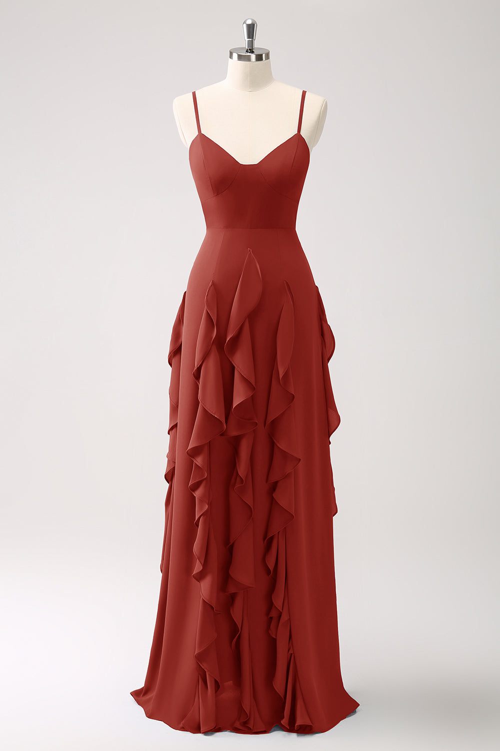 Robe de demoiselle d’honneur à bretelles spaghetti Bleu poussiéreux trapèze avec volants