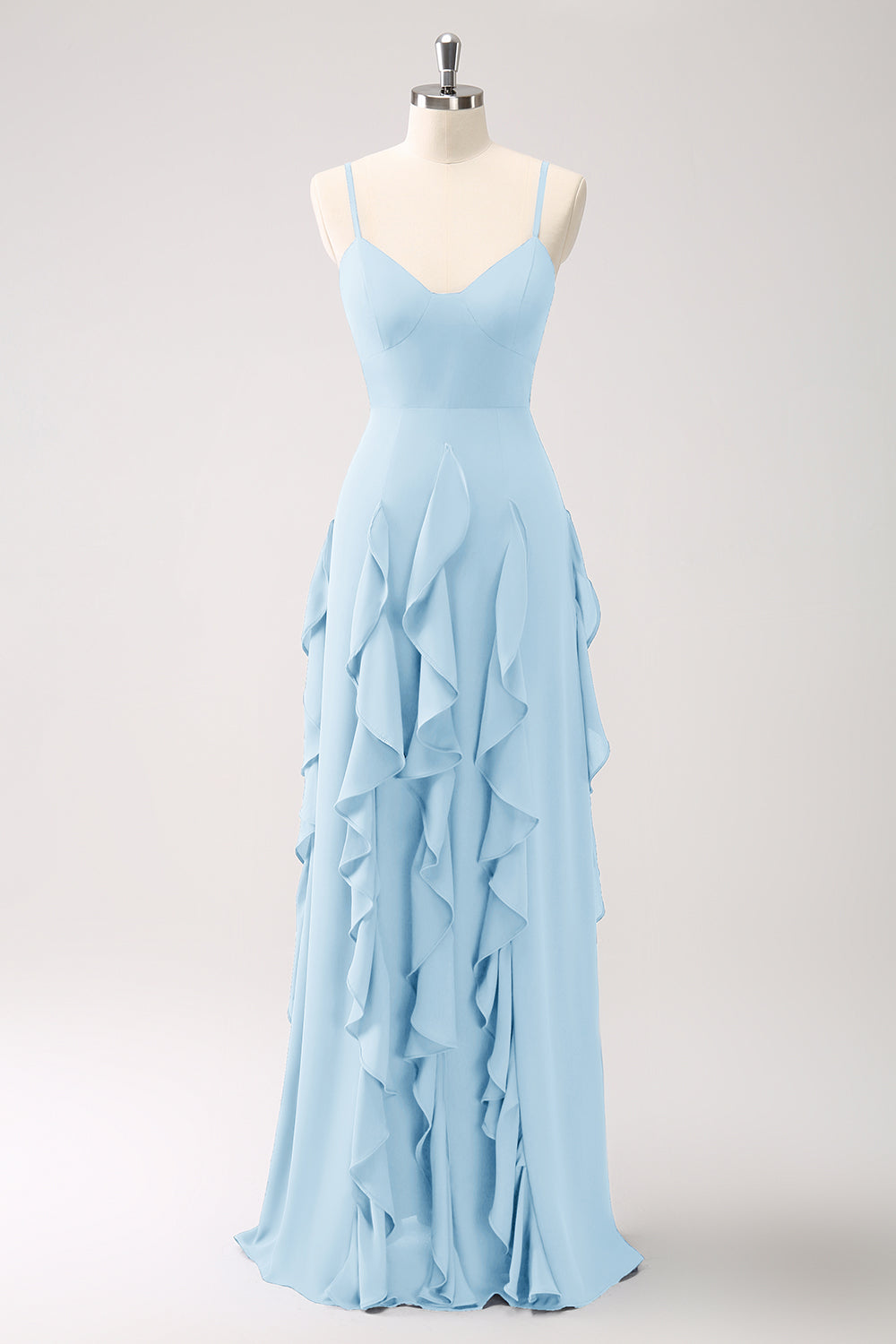 Robe de demoiselle d’honneur à bretelles spaghetti Bleu poussiéreux trapèze avec volants