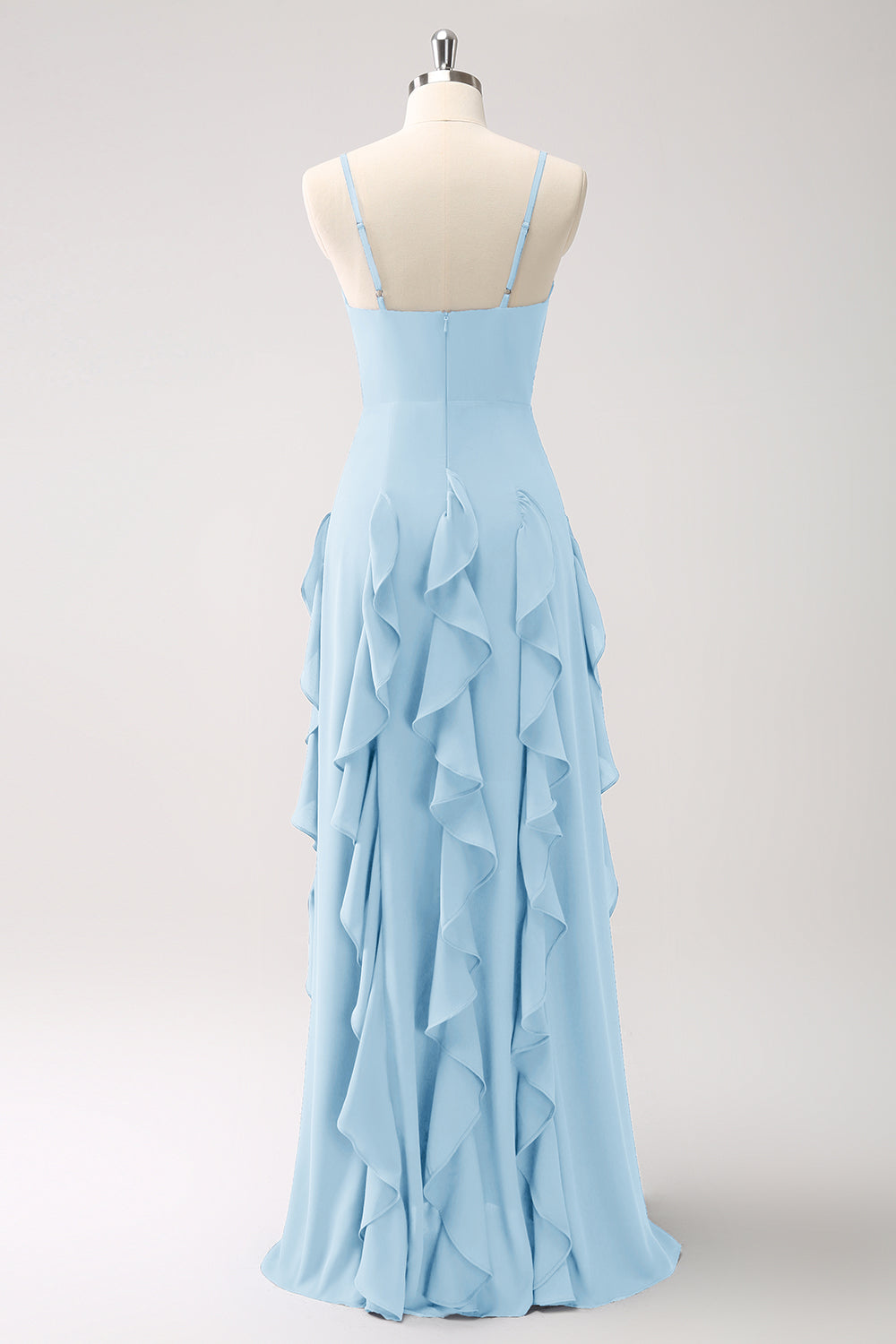 Robe de demoiselle d’honneur à bretelles spaghetti Bleu poussiéreux trapèze avec volants