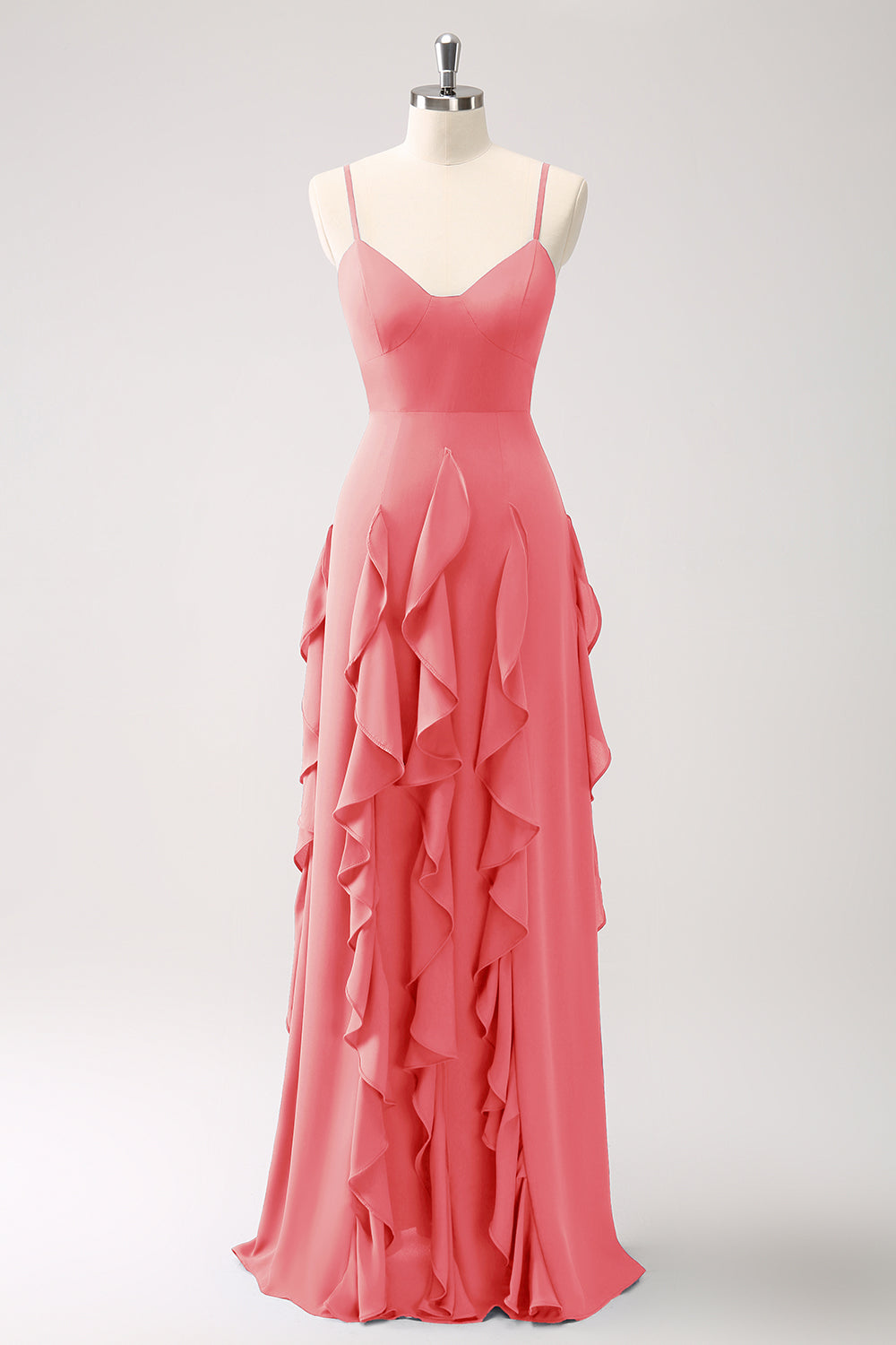 Robe de demoiselle d’honneur à bretelles spaghetti Bleu poussiéreux trapèze avec volants