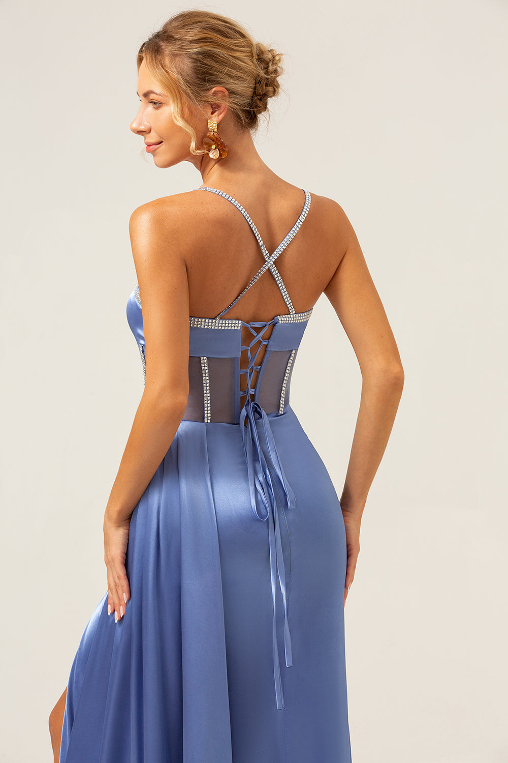Robe de bal corset à bretelles spaghetti sirène bleu scintillant avec dos à lacets