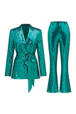 Glitter vert paillettes revers crantés femmes costumes avec ceinture